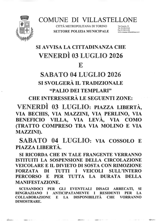 Sospensione della circolazione veicolare per il Palio dei Templari 2026
