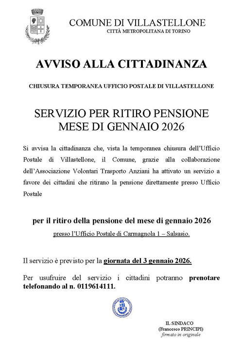 Avviso alla cittadinanza 
Chiusura temporanea ufficio postale di Villastellone
